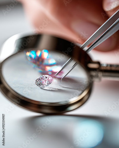 Jeweler examining diamond with magnifying glass and tweezers