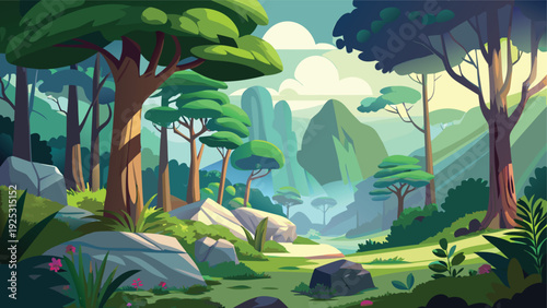 A vibrant stylized illustration depicts a lush forest landscape with mountains in the distance high quality