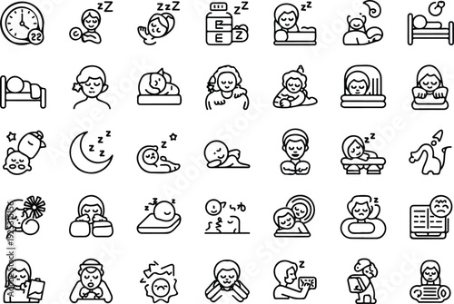Sleep icons set sleeping positions bedtime relaxation dreams insomnia and restful sleep vector icons