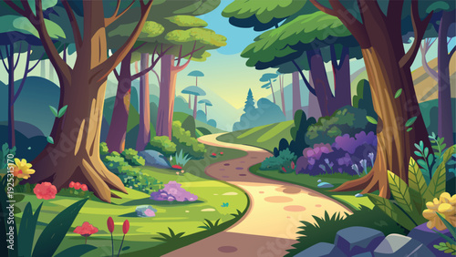 A winding dirt path leads through a vibrant colorful forest with lush vegetation and trees