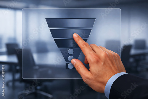 Hand Adjusting Sales Funnel Stages on Screen