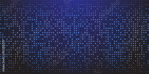 Digital pixels. Blue technology background with glowing squares on dark space. Abstract tech concept. Futuristic pattern with lighting elements for innovation or big data concept. Vector illustration.