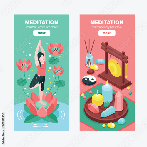 Isometric meditation vertical banner with gong and crystals