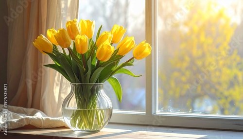 Vibrant bouquet of yellow tulips in a glass vase near a window with sunlight.