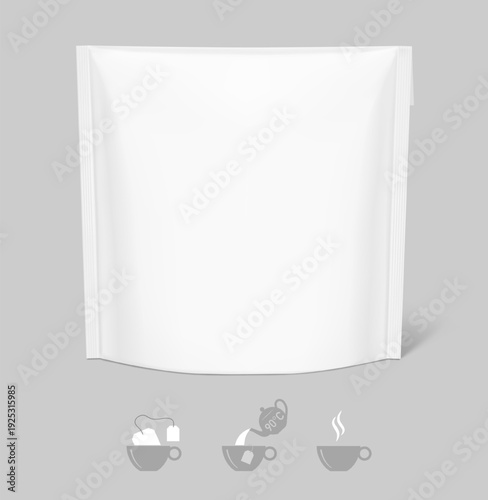 Realistic envelope tea sachet bag mockup. Front view. Vector illustration isolated on grey background. Ready for your design. EPS10.
