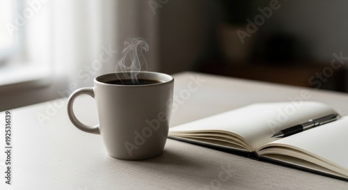 Steaming cup of coffee next to open book on a table