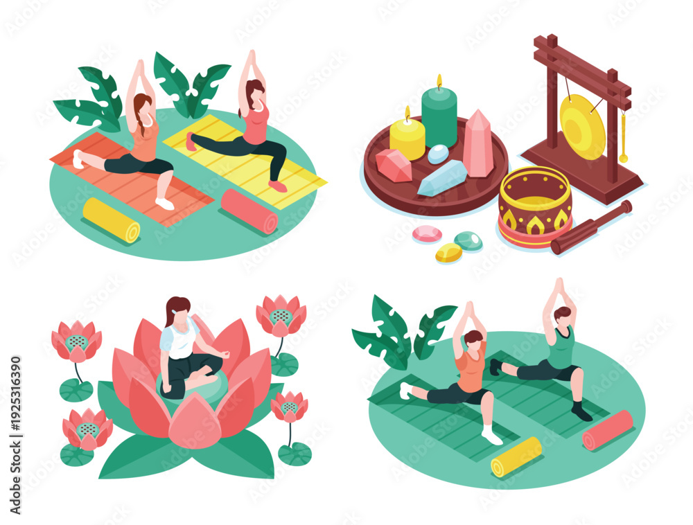 Fototapeta premium Isometric meditation and yoga mini composition set with accessories