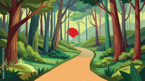 A winding path leads through a vibrant stylized forest towards a bright red circular shape