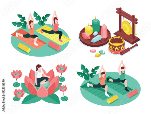 Isometric meditation and yoga mini composition set with accessories