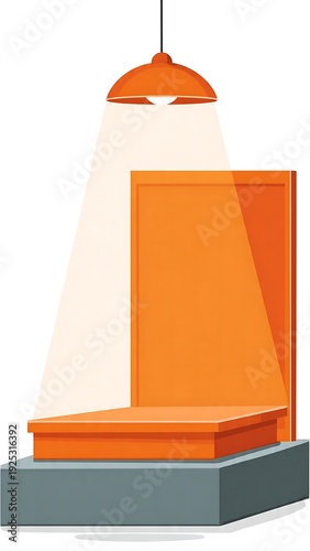 Empty Orange 3D Product Display Podium with Hanging Spotlight - Minimalist Vector Showcase Stage on White Background