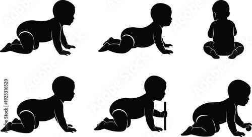 Comprehensive Crawling Baby Silhouette Set Featuring Vector Symbols of Infants Moving Playing Sitting and Exploring Early Childhood Development