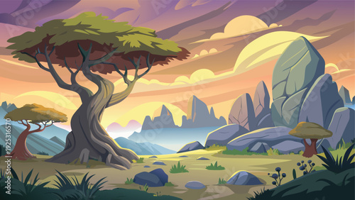 A vibrant cartoon landscape features a large tree rocky mountains and a colorful sunset sky