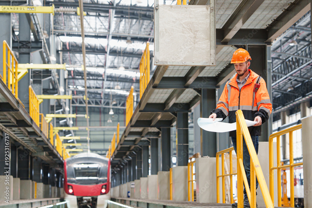 Fototapeta premium Professional Caucasian engineer standing on elevated platform holding blueprint while monitoring red commuter train inside spacious industrial workshop with symmetrical leading lines.