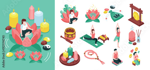 Isometric meditation accessory collection with candles and gong