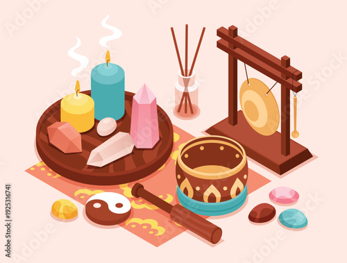 Isometric meditation composition with lotus and wellness symbols