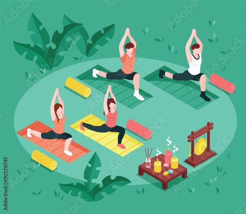 Isometric yoga group composition with mats and meditation accessories
