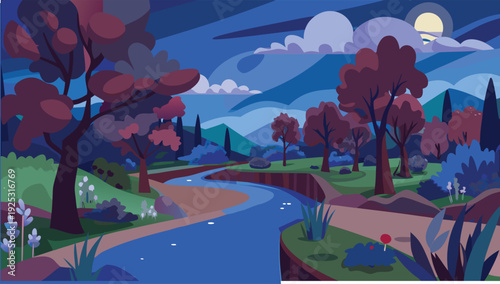 A stylized landscape depicts a winding river flowing through a valley under a moonlit sky