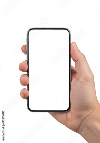 Hand holding a smartphone with a blank white screen isolated on transparent background
