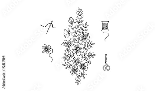 set of floral elementsFloral Embroidery Line Art Design with Needle Thread and Sewing Tools Minimalist Vector