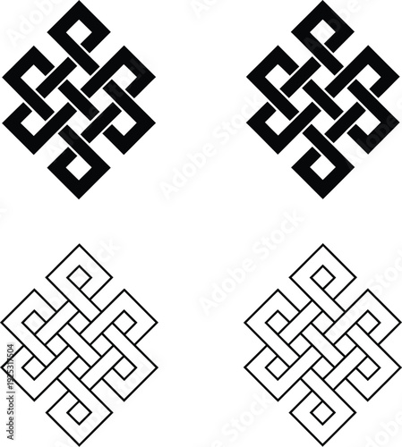 Set of four eternal knot symbols in solid and outline styles isolated on white background for buddhist spiritual and cultural.