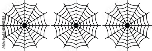Set of three black spider web icons isolated on white background for halloween decoration spooky atmosphere and nature themed design.
