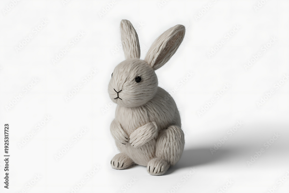 Obraz premium Fluffy white knitted bunny rabbit with long ears, sitting on a white background with a soft shadow