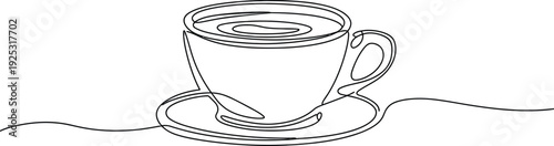 Continuous one line drawing of coffee cup on saucer isolated on white background for cafe menu and morning breakfast concept.
