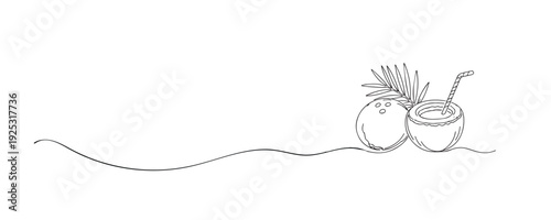 Hand drawn continuous line illustration of coconuts with a drinking straw. Single line artwork representing tropical drinks, summer refreshment, and beach lifestyle concepts.