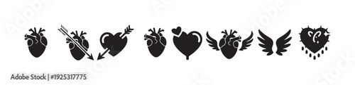 Romantic icons collection with anatomical heart arrow through heart and winged elements in black