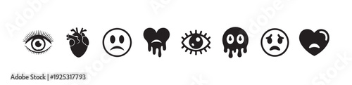 Emo style icons including crying eye melting face sad emoji and anatomical heart in black vector