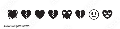 Heartbreak and sadness icons featuring melting hearts broken symbols and sad emoji face in black