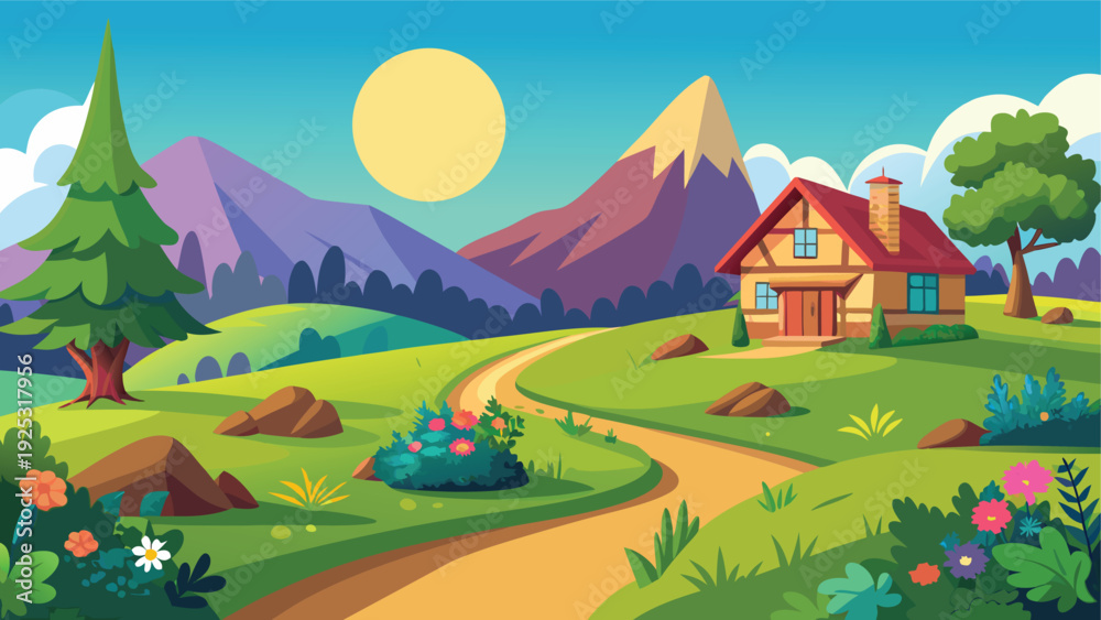 Obraz premium A vibrant cartoon illustration depicts a cozy house nestled within a picturesque landscape of rolling hills