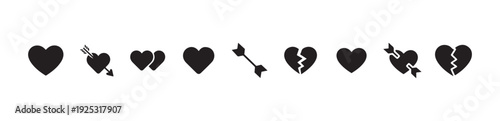Assortment of heart symbols with arrow and broken hearts illustrating love and heartbreak