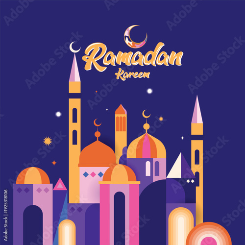 Colorful Geometric Islamic Ramadan Kareem Poster with Mosque Illustration