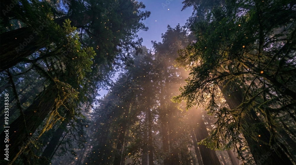 Obraz premium Luminescent Pollen Grains Illuminating Dense Redwood Forest Canopy