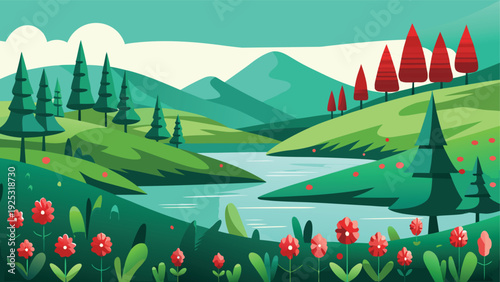 A vibrant stylized landscape depicts rolling green hills a winding river and colorful trees high quality