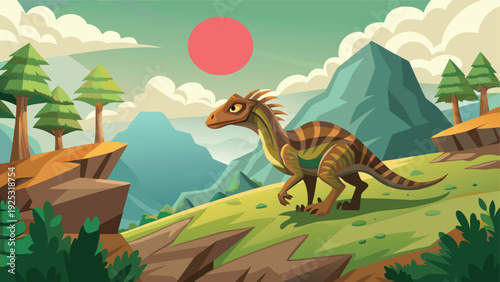 A colorful cartoon illustration depicts a velociraptor dinosaur standing in a prehistoric landscape high quality professional