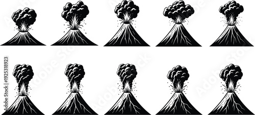 Set of Volcanic Eruption Silhouettes with Black Vector Figures of Erupting Volcanoes and Smoke Clouds for Geological Science Education Disaster Prevention and Nature Illustration