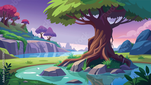 A vibrant cartoon style landscape features large trees a winding river and colorful hills high quality
