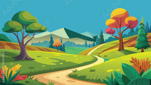 A vibrant cartoon landscape depicts rolling green hills colorful trees and a winding dirt path