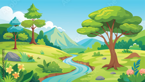 A vibrant cartoon landscape depicts lush green hills trees a winding river and distant mountains