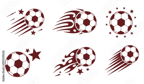 Dynamic Soccer Ball Icons, Monochrome Design with Motion Trails and Impact Effect, Sports Symbol Illustration