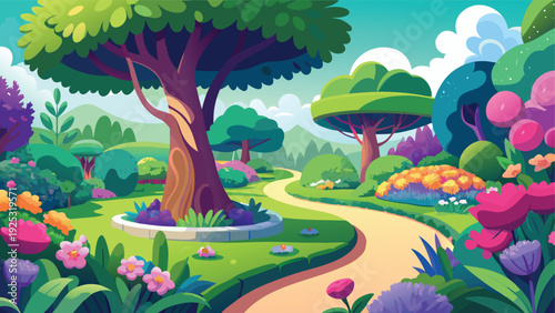 A vibrant stylized illustration depicts a winding path through a whimsical garden landscape high quality professional