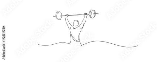 Hand drawn continuous line illustration of a male athlete lifting a barbell overhead. Single line artwork representing strength, power training, fitness workout, and athletic performance.