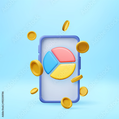 3d Mobile phone displaying pie chart with falling gold coins. Digital finance application showing market analysis and investment concept. Vector illustration