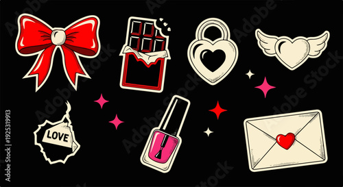 Playful Love-Themed Sticker Pack with Ribbon Bow, Bitten Chocolate and Heart Locket – Cute Flat Valentine Vector Set