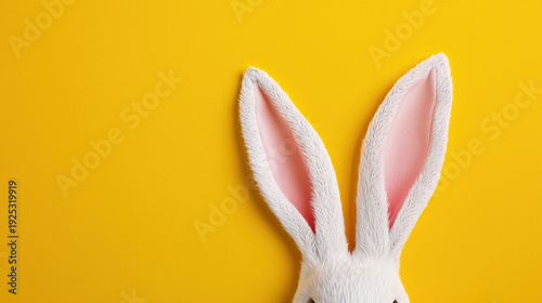 White bunny ears with pink inner fur on bright yellow background create cheerful easter and spring festive atmosphere full of joy and warmth