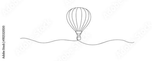 continuous line illustration of a hot air balloon floating in the sky. Single line artwork representing travel, freedom, adventure, and dreamy exploration concepts.