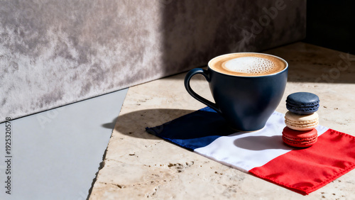 Bastille Day celebration with coffee and French flag macarons