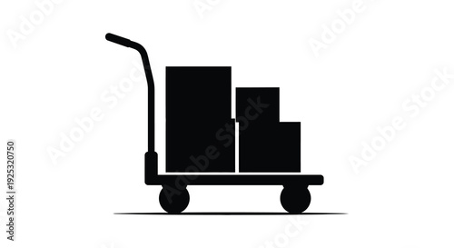 A stark black silhouette depicts a hand truck loaded with stacked boxes showcasing industrial transport equipment silhouette